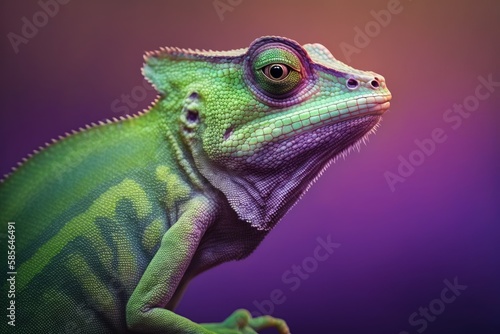 close up of a green color chameleon lizard on purple background, generative ai © pham
