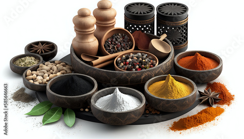Many oriental spices delicious presented on a white background