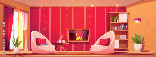 Modern living room interior with fireplace. Vector cartoon illustration of modern home design with two cozy armchairs, cups on wooden coffee table, books on shelf, large window, flower pots on floor