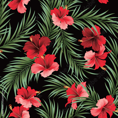 Beautiful tropical flowers and plants seamless pattern 