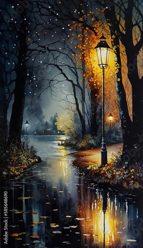 Watercolor Oil Painting Autumn Night Trail of Trees With Glowing Lamps Pole in A Quit Park AI Generative