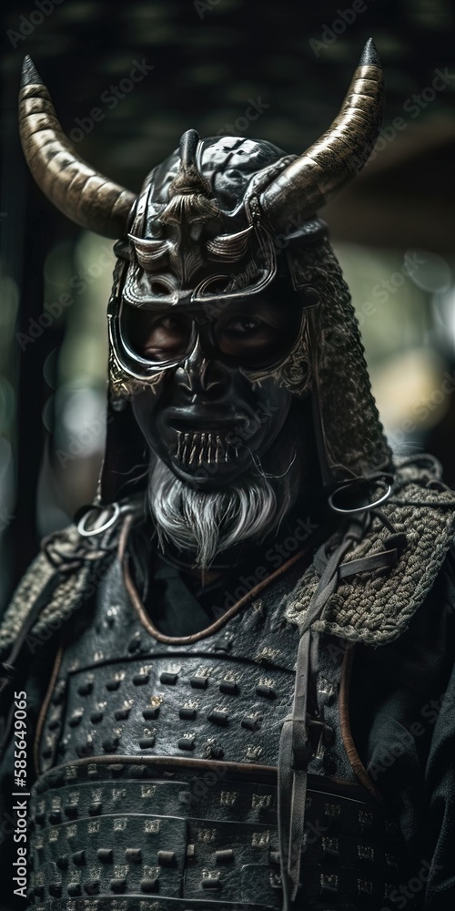 Un puissant guerrier se tient debout, portant une armure japonaise