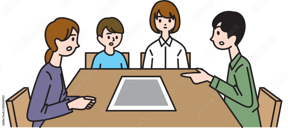 家族会議で話合いする一家 家族会議で話合いする一家