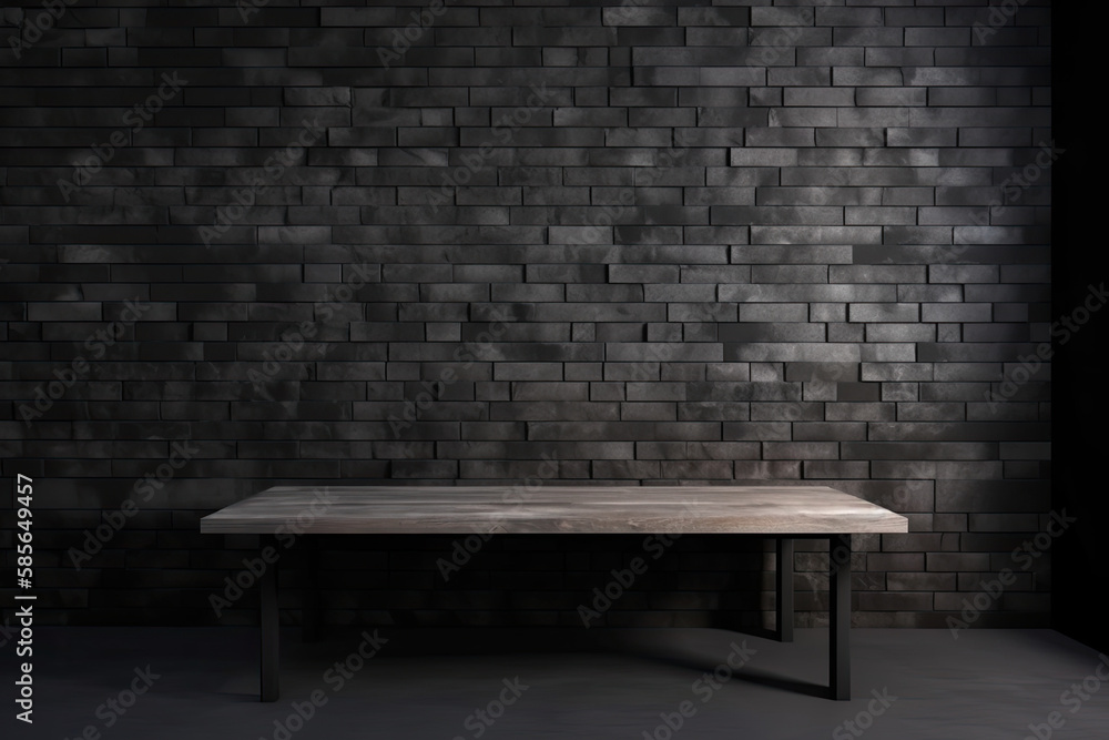 Rustikaler Holztisch mit dunklem Ziegelhintergrund, Generative AI Rustikaler Holztisch mit dunklem Ziegelhintergrund, Generative AI