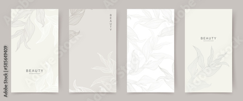 Universal white beige grey banners with floral elements. Neutral beautiful backgrounds. Vector illustration for card, banner, invitation, social media post, poster, mobile apps, advertising