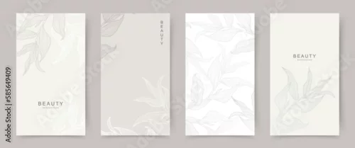 Obraz Universal white beige grey banners with floral elements. Neutral beautiful backgrounds.  Vector illustration for card, banner, invitation, social media post, poster, mobile apps, advertising