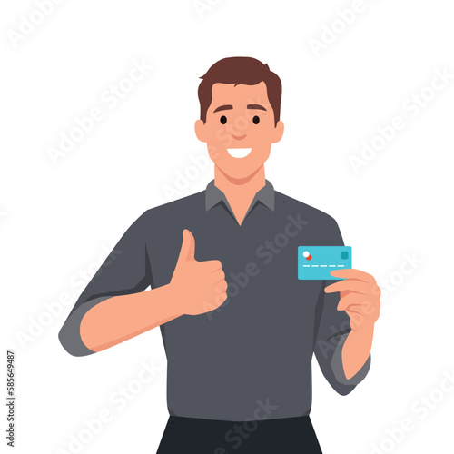 Young businessman showing credit, debit, ATM card and making thumb up gesture sign. Person holding digital payment card. Male character design illustration