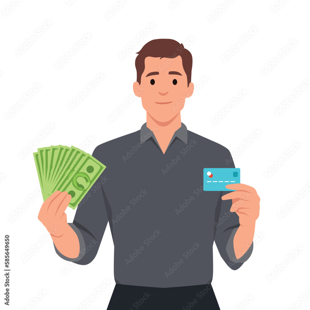 Young businessman showing credit card and cash, money, currency notes in hand. Successful person in vest suit holding debit, ATM card. Stylish male character design Young businessman showing credit card and cash, money, currency notes in hand. Successful person in vest suit holding debit, ATM card. Stylish male character design