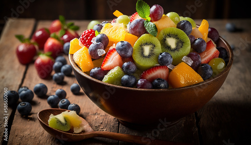 A Colorful Fruit Salad Arranged on a Rustic Wooden Table  Generative AI