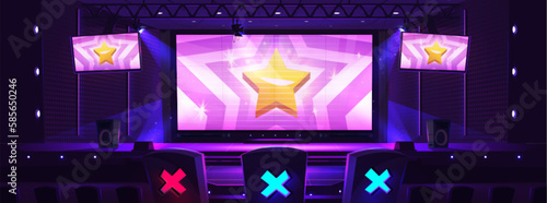 Talent show concert hall for music performance. Vector cartoon illustration of big stage with screens and spotlights, jury chairs with green and red illuminated cross signs. Song or dance contest