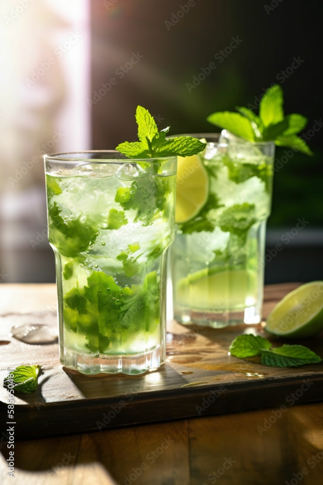 Verres de mojito, cocktail de rhum à la menthe et au citron vert sur une table en bois, illustration culinaire, ia générative 6 Verres de mojito, cocktail de rhum à la menthe et au citron vert sur une table en bois, illustration culinaire, ia générative 6
