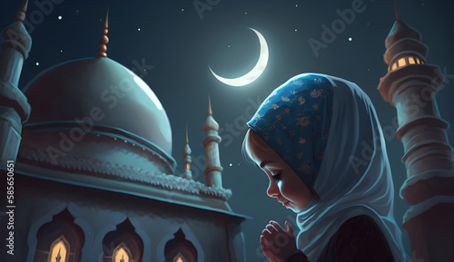 muslim young girl praying on a mosque with starry and crescent moon moon night, mosque at night, wallpaper, Generative AI