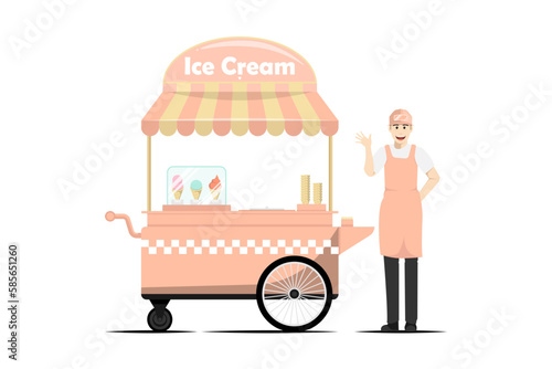 Cartoon ice cream cart with male salesperson on isolated background, Digital marketing illustration.