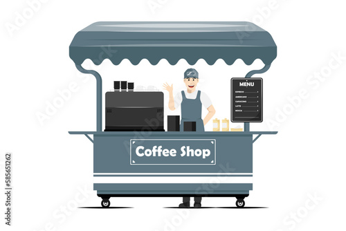 Cartoon coffee shop cart with male salesperson on isolated background, Digital marketing illustration. © auns85