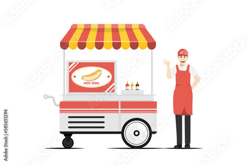 Cartoon hot dog cart with male salesperson on isolated background, Digital marketing illustration.