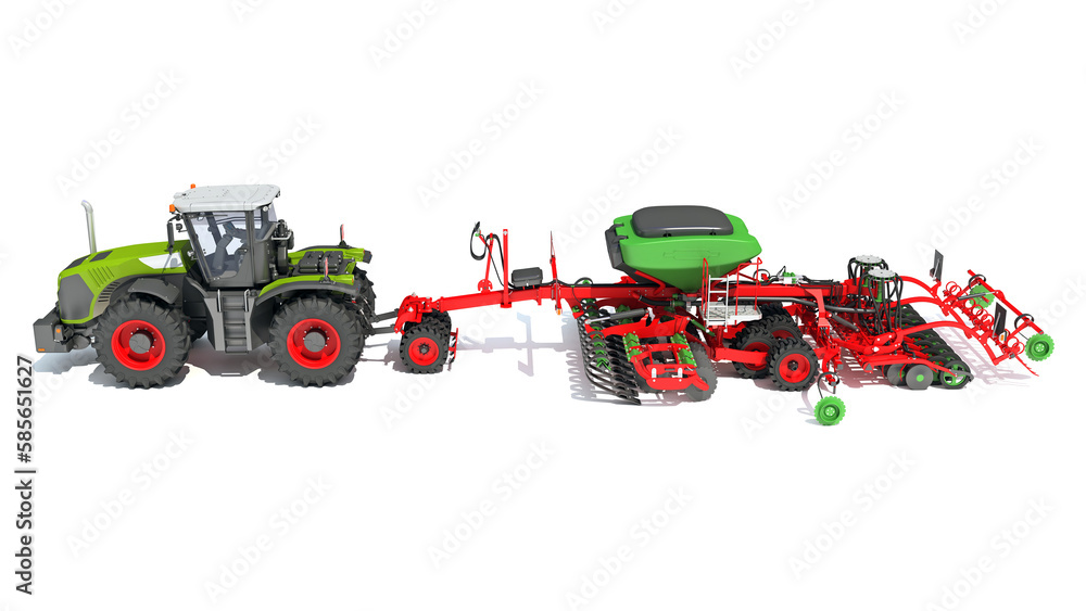 Tractor with Seed Drill 3D rendering on white background Tractor with Seed Drill 3D rendering on white background