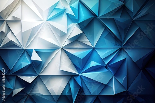 Modern abstract blue background design features layers of textured white transparent material arranged in a random geometric pattern, triangles, diamonds, and squares. Generative AI