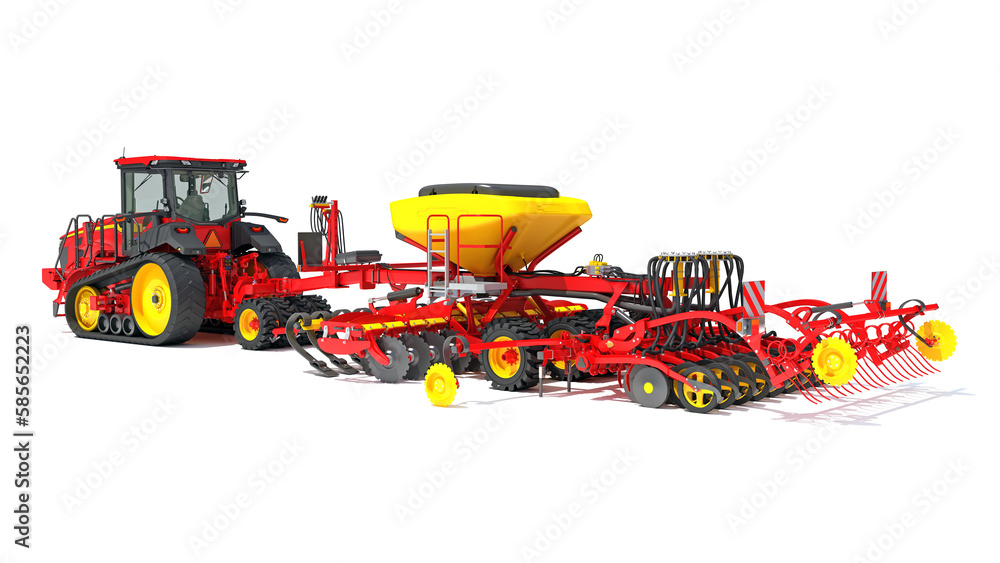 Fototapeta premium Tractor with Seed Drill 3D rendering on white background