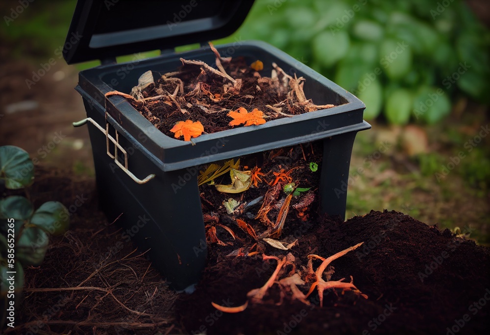 Open compost bin with peelings and earthworms in a garden. Generative
