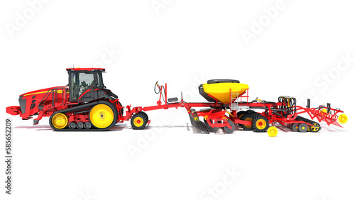Tractor with Seed Drill 3D rendering on white background