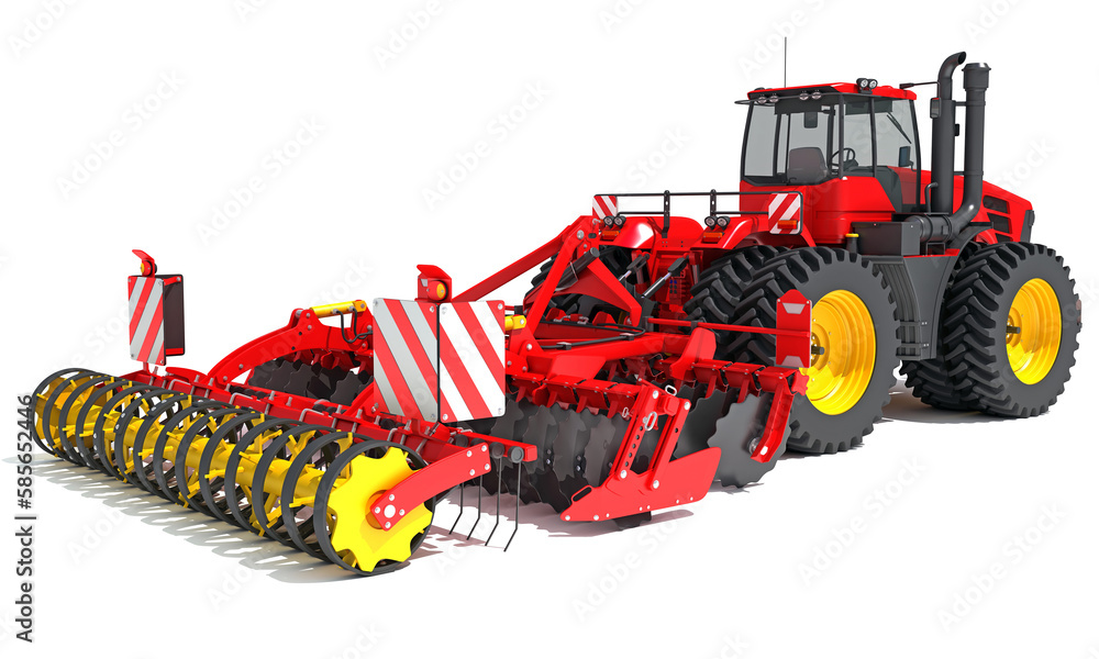 Tractor with Seed Drill 3D rendering on white background Tractor with Seed Drill 3D rendering on white background