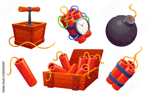 Cartoon set of tnt explosives isolated on white background. Vector illustration of old bomb detonator, fuse, vintage wooden box with dynamite sticks, explosion timer mechanism with clock. Game assets