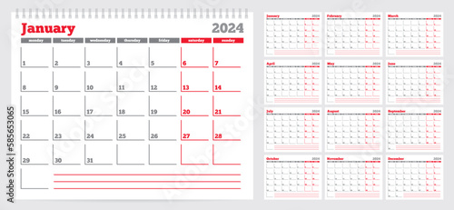 Calendar 2024 planner template. Week Starts on Monday. Set of 12 Months. Vector Illustration