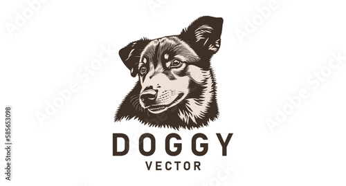 Vector logo, a portrait of a cute kind friendly doggy looking around. Sticker, icon or badge on a white isolated background.