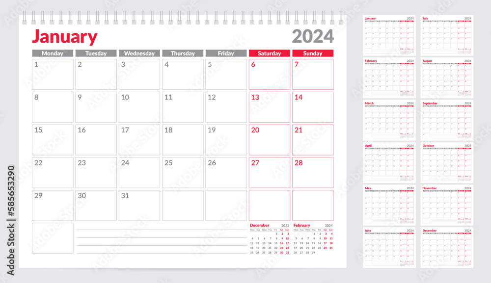 Calendar 2024 planner template. Week Starts on Monday. Set of 12 Months. Vector Illustration Calendar 2024 planner template. Week Starts on Monday. Set of 12 Months. Vector Illustration