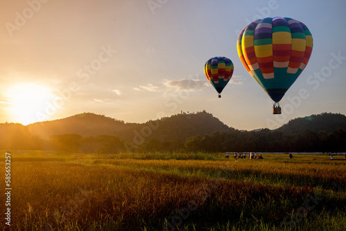 Hot air balloon above rice field at sunset