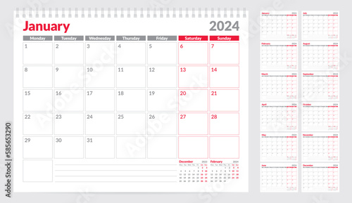 Calendar 2024 planner template. Week Starts on Monday. Set of 12 Months. Vector Illustration