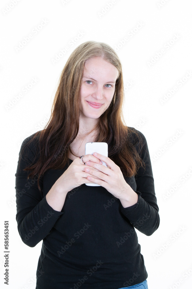 portrait of young pretty woman blonde holding mobile phone in both hand portrait of young pretty woman blonde holding mobile phone in both hand