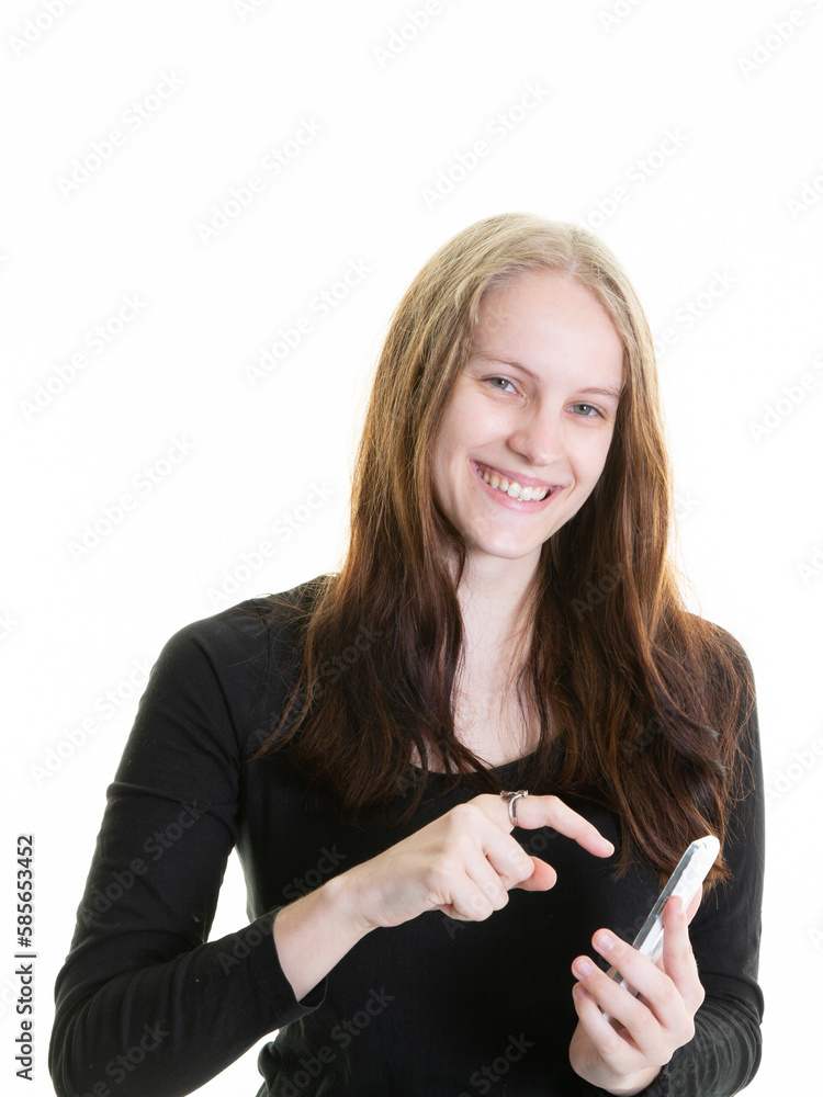 portrait of young beautiful blonde woman hand phone texting looking in camera portrait of young beautiful blonde woman hand phone texting looking in camera