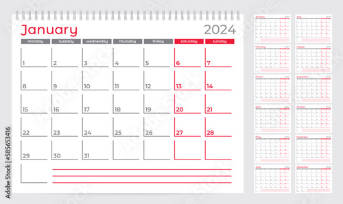 Calendar 2024 planner template. Week Starts on Monday. Set of 12 Months. Vector Illustration