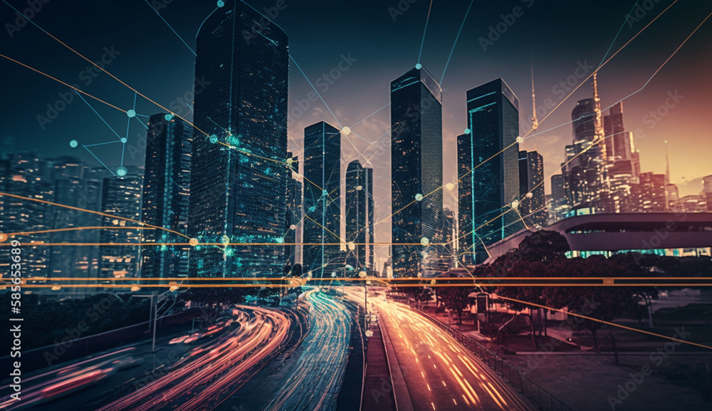 Fototapeta premium Wireless communication technology. Smart city and communication network concept. By generative AI.