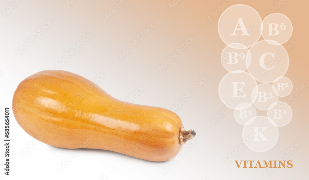 Fototapeta premium pumpkin isolated on a colored gradient background with markings of vitamins found in pumpkins
