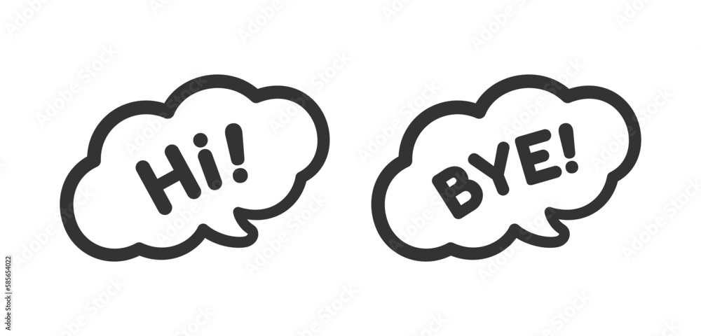 Cute Hello and Bye greeting speech bubble icon set. Simple flat vector illustration. Cute Hello and Bye greeting speech bubble icon set. Simple flat vector illustration.