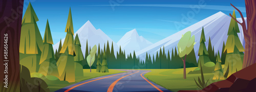 Cartoon mountain highway. Vector illustration of asphalt road, forest trees and green grass on sides, high Alpine rocks with glacier on peaks, clear blue sky. Beautiful landscape. Travel adventure