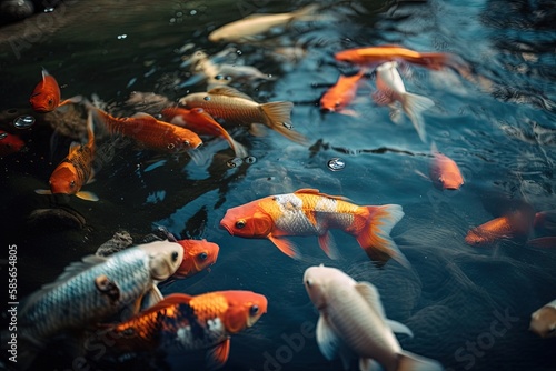 school of colorful fish swimming in a tranquil pond. Generative AI © AkuAku