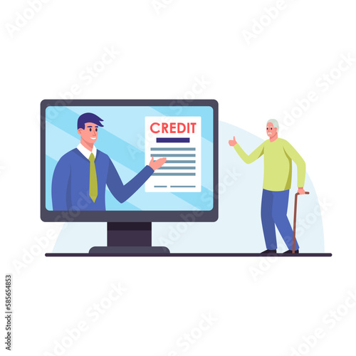 Cartoon character of elderly man getting credit in bank. Financial help for old people. Modern banking services online. Young bank consultant helping senior man. Vector