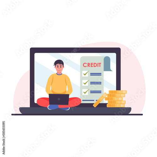 Cartoon character of young man checking his credit history in bank. Secure finance management. Loan disbursement process. Way to financial success and money growth. Vector