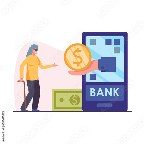 Cartoon character of elderly woman getting coin in online bank. Elderly finance investment and business plan of older people. Budget management process. Vector