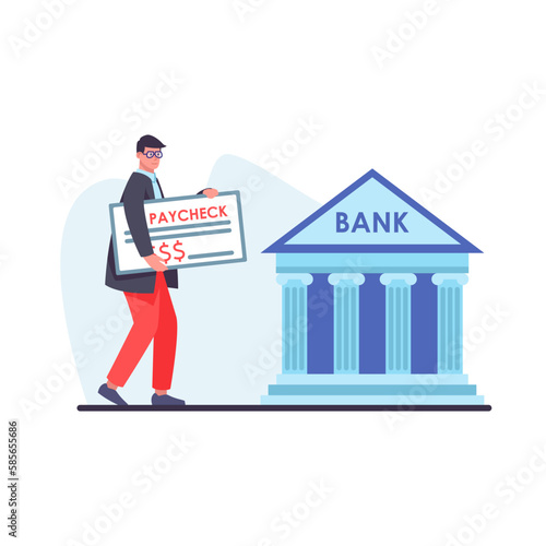 Cartoon character of young man carrying paycheck in bank. Modern finance management. Getting business investment profit. Bank deposit and investment. Vector