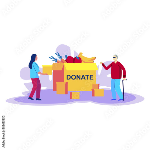 Young female volunteer with box with free food for elderly people. Humanitarian aid service representative. Grocery for needy blind man. Voluntary altruistic activity. Vector