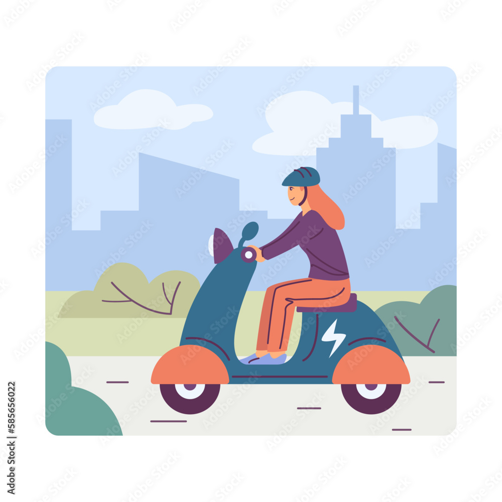 Cartoon character of young woman in helmet riding motorbike. Usage of green transportation in city. Reducing world energy consumption. Modern electric vehicles. Vector