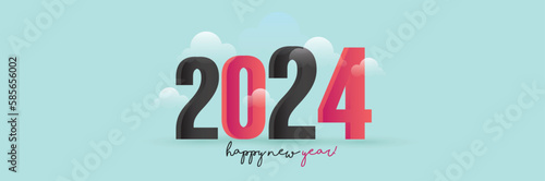 2024. 2024 Happy new year celebration cover banner in red and black with clouds on a aqua color background. Happy new year celebration. New start. New Days. 2024  2025  2026 greeting banner.