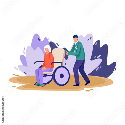 Cartoon character of young volunteer helping woman with disability. Giving assistance for elderly person with rehabilitation. Support for people with special needs. Social active youth. Vector