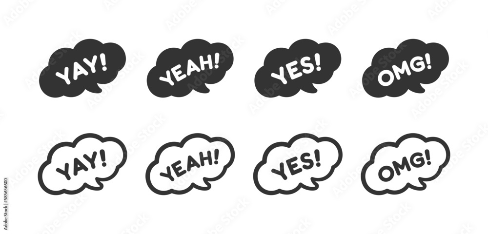 Cute speech bubble with short phrases yes, yay, omg, cool, wow, yeah, online messaging icon set. Simple flat vector illustration. Cute speech bubble with short phrases yes, yay, omg, cool, wow, yeah, online messaging icon set. Simple flat vector illustration.
