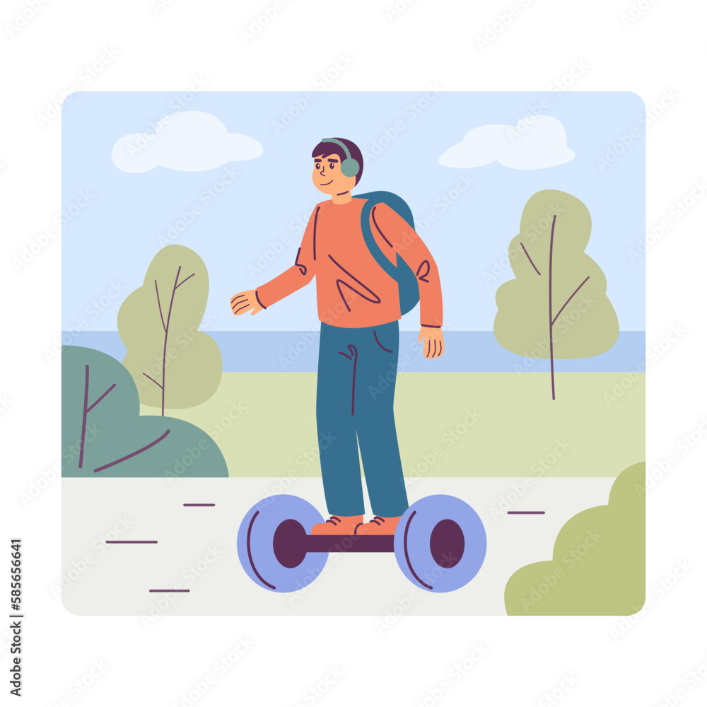 Cartoon character of young man in headphones using segway. Active urban lifestyle and usage of green transport. Modern vehicle rental services. Vector Cartoon character of young man in headphones using segway. Active urban lifestyle and usage of green transport. Modern vehicle rental services. Vector