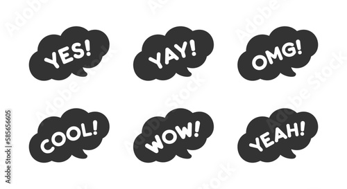 Cute speech bubble with short phrases yes, yay, omg, cool, wow, yeah, online messaging icon set. Simple flat vector illustration.